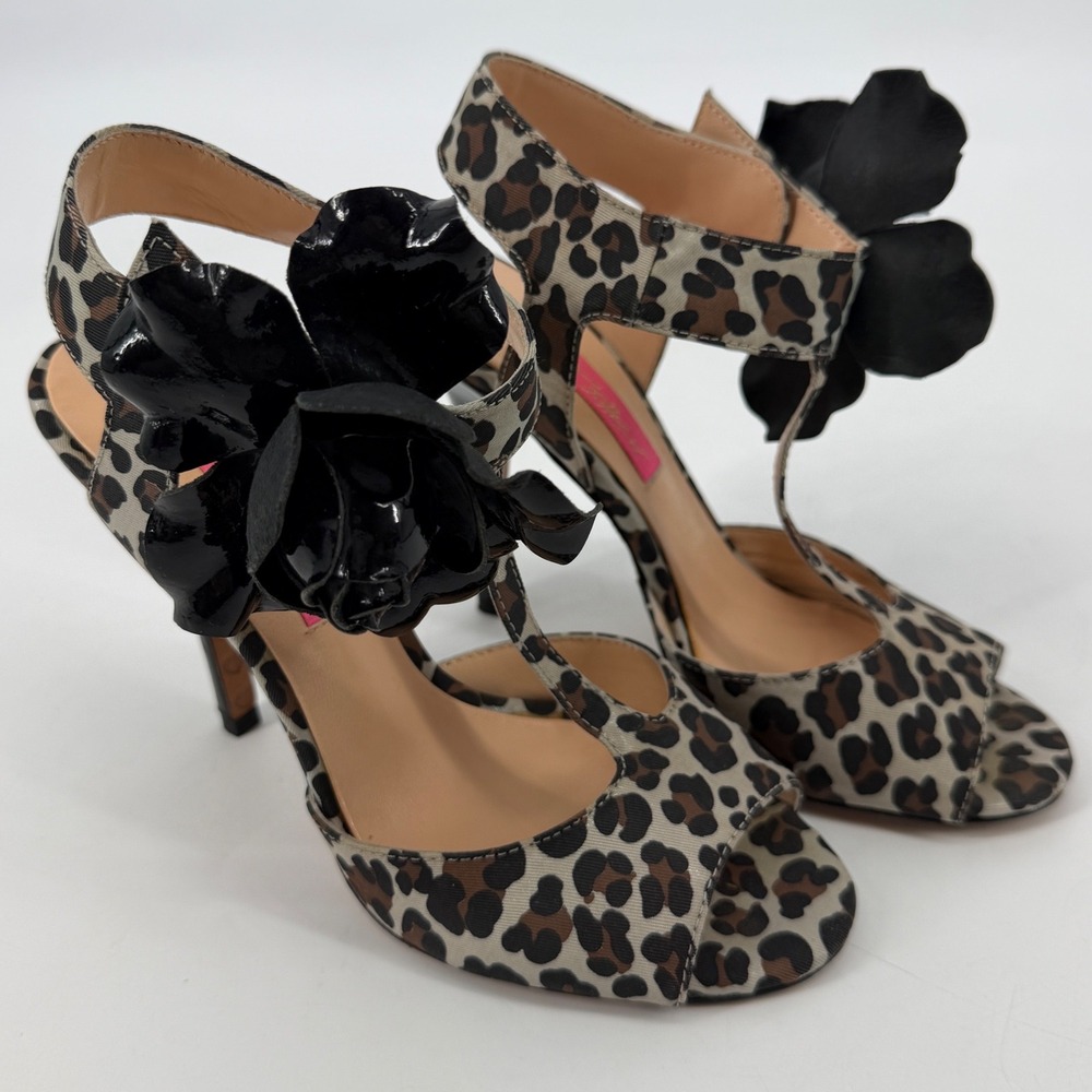 Betsey Johnson Leopard Print Floral T-Strap Peep Toe Heels Brown Black‎ 7M
